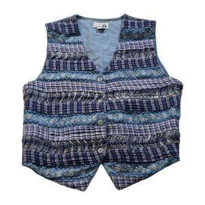Paul Harris Design Vest Women S Blue Cotton Boho Button Embroidery Patchwork VTG